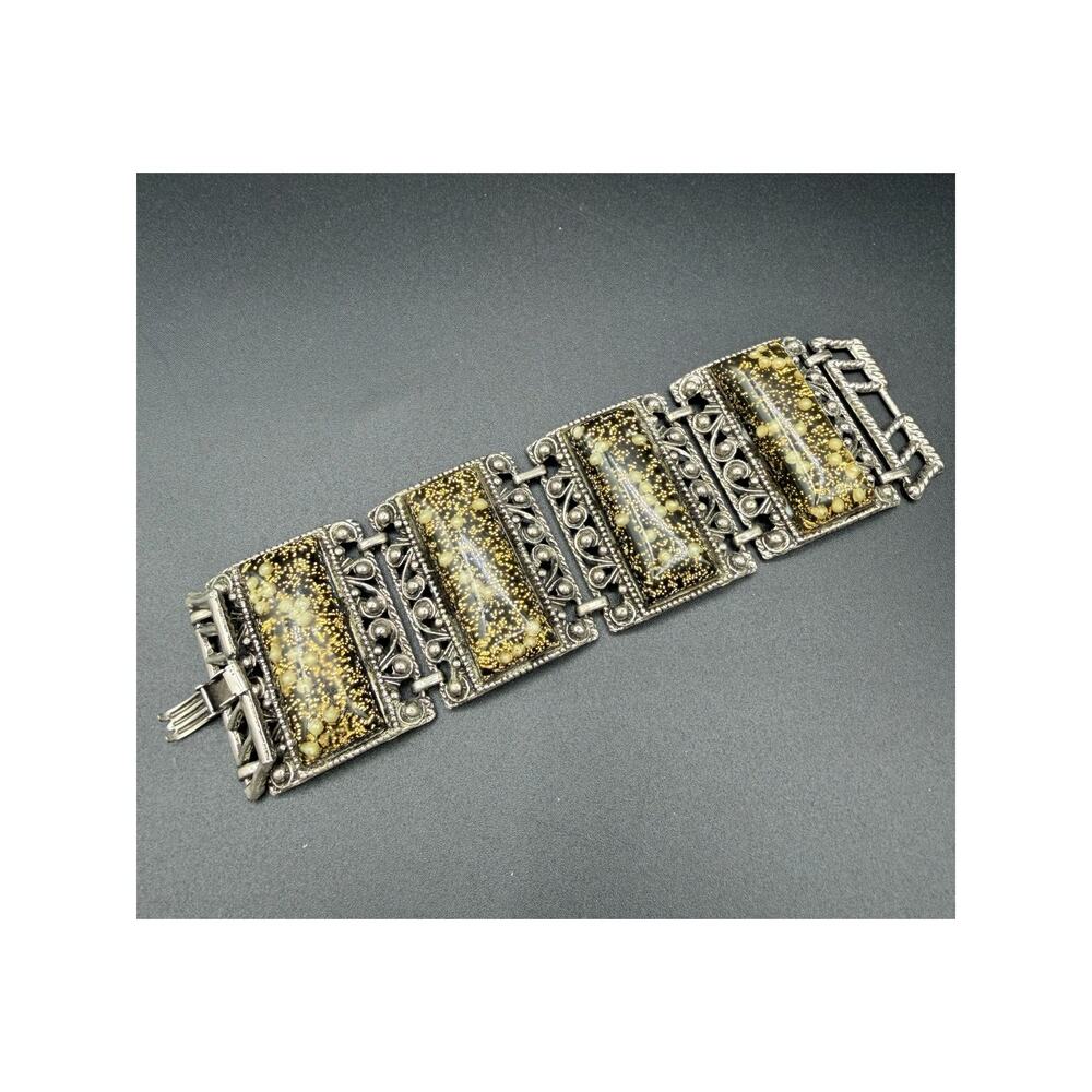 Vtg Selro Selini Silver Panel Bracelet W/Lucite Resin Gold Flake & Seed Pearls